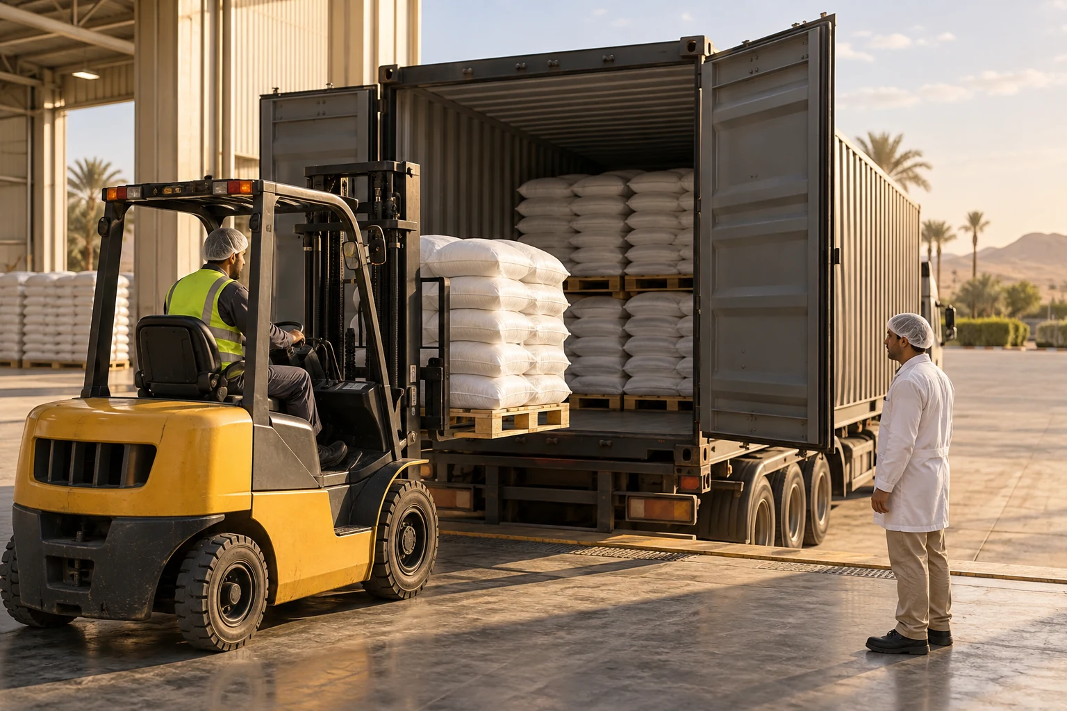 Illustrative scene of white sacks being loaded through the rear doors of a shipping container